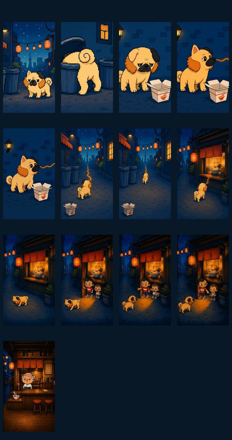 Pomuji storyboard showing a small dog following a glowing trail through a lantern-lit alley