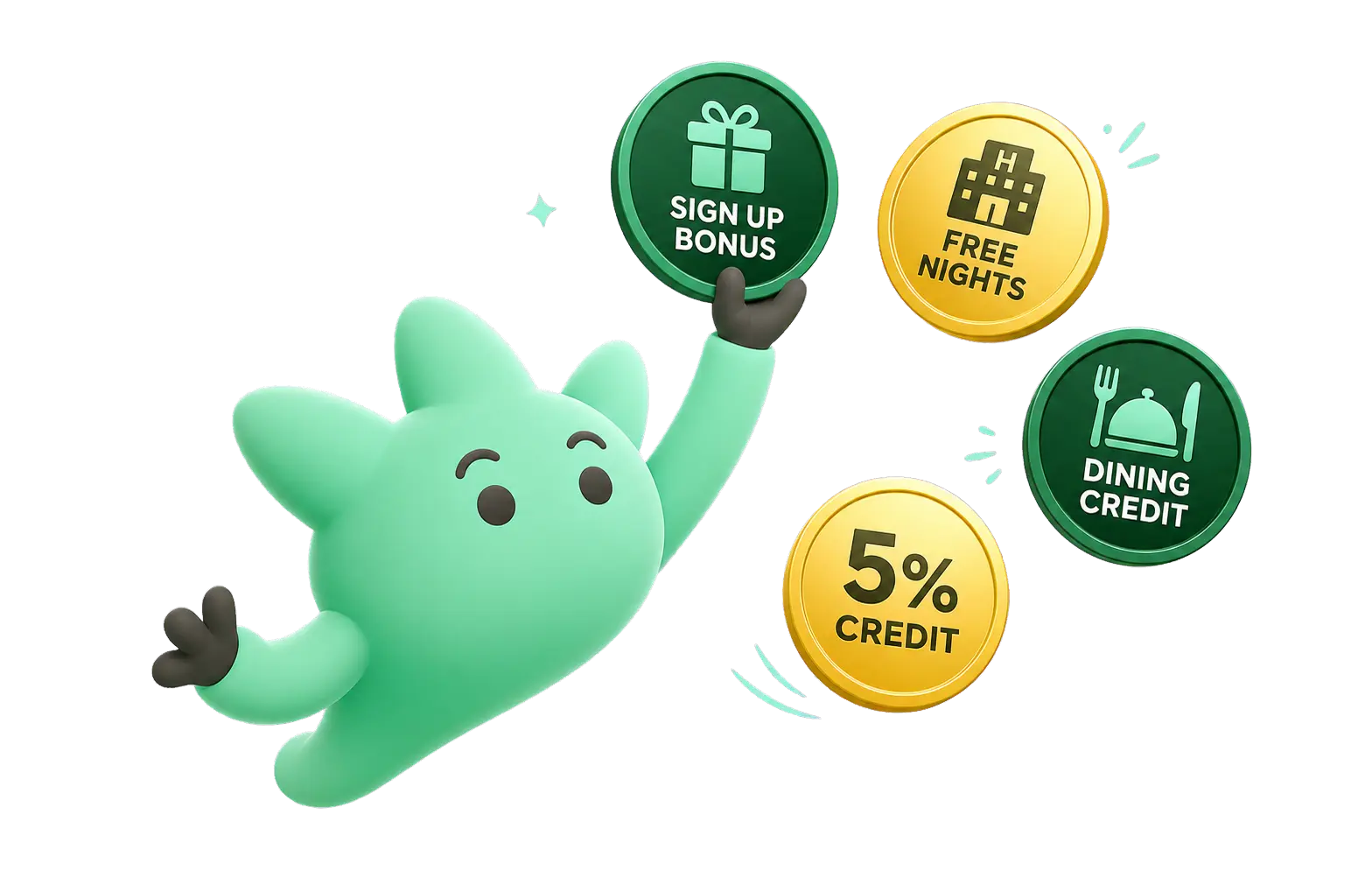 Wazzby mascot holding credit card benefit tokens